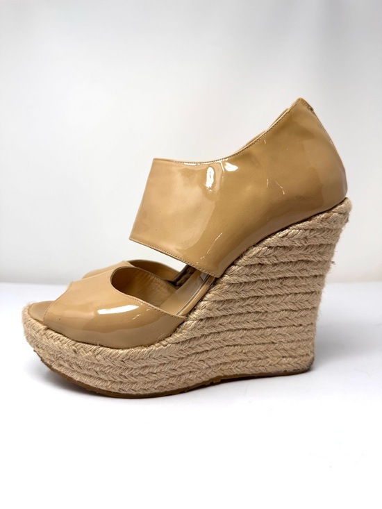 Jimmy Choo Shoes - JIMMY CHOO beige patent leather raffia wedge sandals, Italy, size 40
